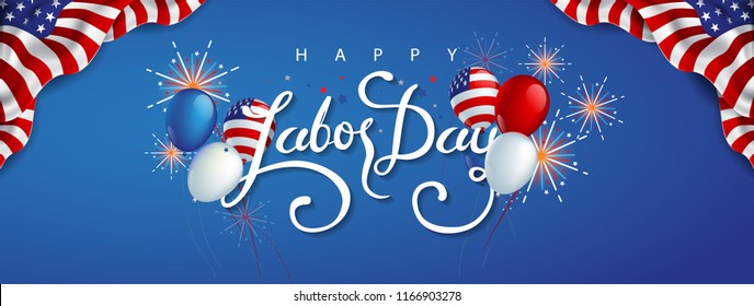 Labor day sale promotion advertising banner template decor with American flag balloons and Colorful Fireworks decor .American labor day wallpaper.voucher discount.Vector illustration .
