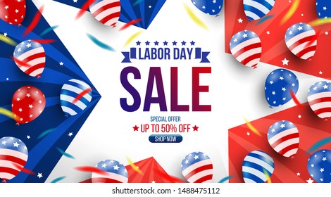 Labor day sale promotion advertising banner template decor with American flag balloons design .American labor day wallpaper.voucher discount.Vector illustration .