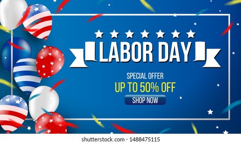Labor day sale promotion advertising banner template decor with American flag balloons design .American labor day wallpaper.voucher discount.Vector illustration .