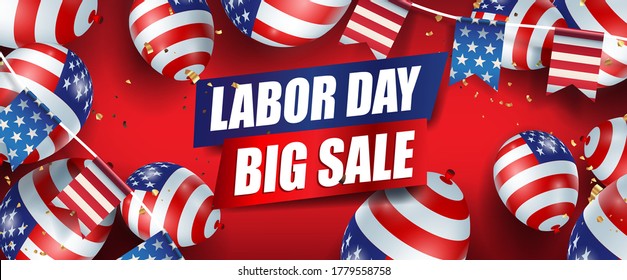 Labor day sale promotion advertising banner template decor with American flag balloons and american flags Garlands decor.