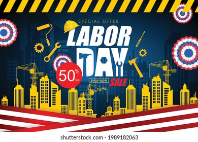 Labor day sale promotion advertising banner template decor with American flag .American labor day wallpaper.voucher discount.Vector illustration.