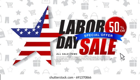 Labor day sale promotion advertising banner template decor with American flag .American labor day wallpaper.voucher discount.Vector illustration .