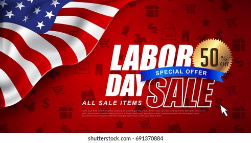 Labor day sale promotion advertising banner template decor with American flag .American labor day wallpaper.voucher discount.Vector illustration .