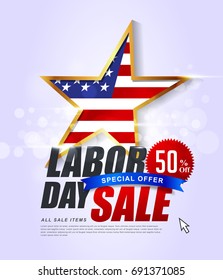 Labor day sale promotion advertising banner template decor with American flag .American labor day wallpaper.voucher discount.Vector illustration .