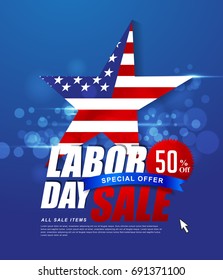 Labor day sale promotion advertising banner template decor with American flag .American labor day wallpaper.voucher discount.Vector illustration .