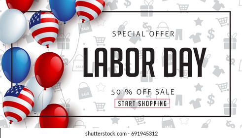 Labor day sale promotion advertising banner template decor with American flag balloons design .American labor day wallpaper.voucher discount.Vector illustration .