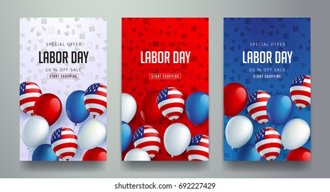 Labor day sale promotion advertising banner template decor with American flag balloons design .American labor day wallpaper.voucher discount.Vector illustration .