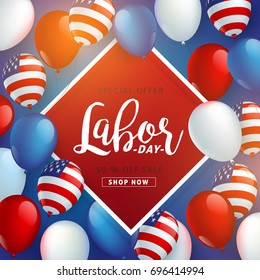 Labor day sale promotion advertising banner template decor with American flag balloons design .American labor day wallpaper.voucher discount.Vector illustration .