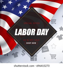 Labor day sale promotion advertising banner template decor with American flag .American labor day wallpaper.voucher discount.Vector illustration .