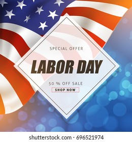 Labor day sale promotion advertising banner template decor with American flag .American labor day wallpaper.voucher discount.Vector illustration .