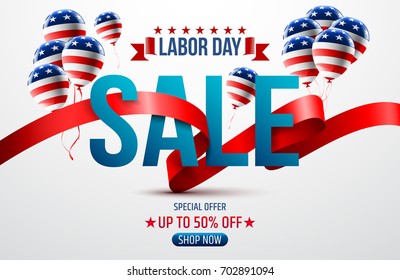 Labor Day Sale promotion advertising banner template with Red Ribbon and Balloon.American labor day Brochures,Poster or Banner.Vector illustration.