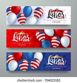 Labor day sale promotion advertising banner template decor with American flag balloons design .American labor day wallpaper.voucher discount.Vector illustration .