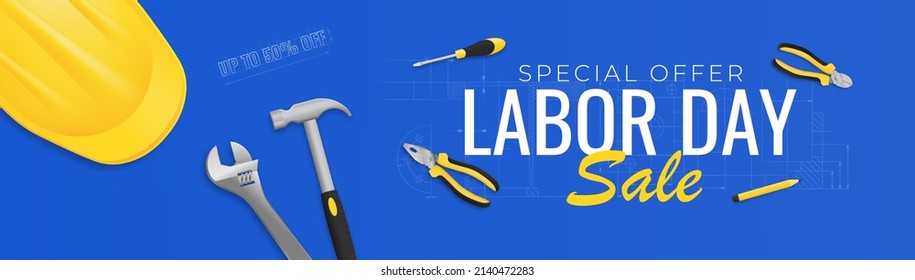 labor day sale promotion banner or poster template.Voucher discount. vector illustration with construction tools. labor day celebration concept.