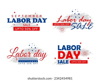 Labor day sale typographic emblems, labels set. Isolated vector elements. Labor day calligraphy, lettering design. Badges usable for labor day greeting cards, posters, banners.