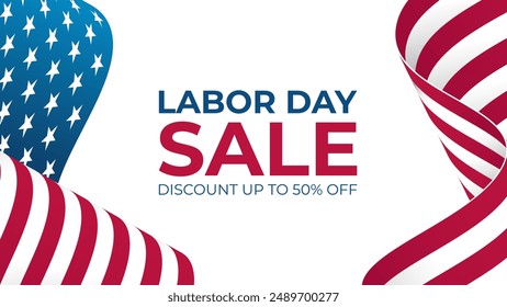 Labor Day Sale. United States Labor Day commercial banner with waving American flag. Vector illustration.