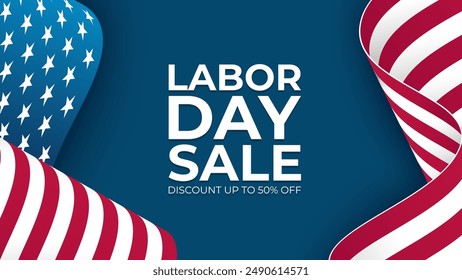 In: Labor Day Sale. United States Labor Day kommerzieller Banner mit schwenkender amerikanischer Flagge. Blauer Hintergrund. Vektorillustration.