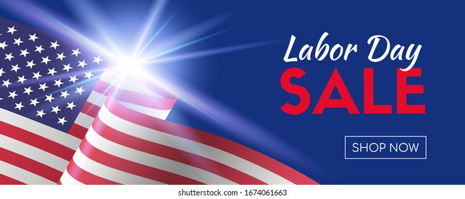Labor Day Sale vector.  lLong banner for social media. Shop now. Template for social media. With american flag