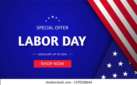 Labor Day Sale web banner design concept with american flag and stars on blue background. Special offer discount up to 50%. Shop now. - Vector