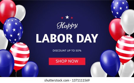 Labor Day Sale web banner design with american flag balloons on dark blue background. Special offer discount up to 50%. Shop now. - Vector