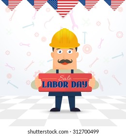 Labor Day Sale, Worker Hold Card, Banner