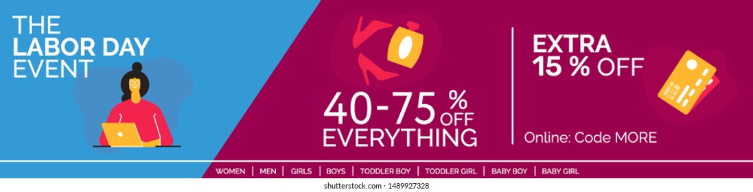 The labor day sales banner, web element, big sale plus extra offer. Great concept for online stores. Vector design. 