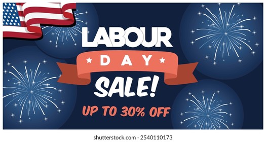 Labor Day sales promotion advertisement. Labor Day celebration with fireworks. Labor Day sale concept. Flat vector illustration.