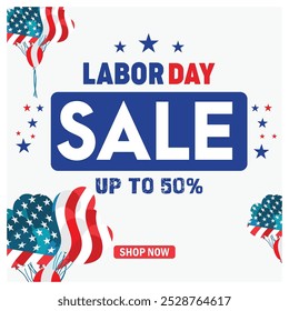 Labor Day sales promotion with Ribbons and Balloons. American flag background. Labor Day sale concept. Flat vector illustration.