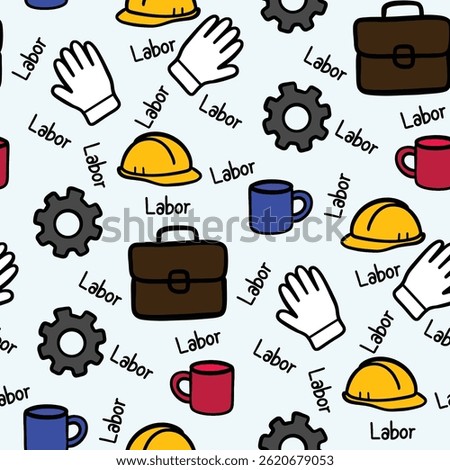 Labor day seamless pattern. The illustration drawn labor elements such as helmet, gloves, bag, cups and gears. Great for celebrate labor day that perfect for wallpaper, backdrop, background or print