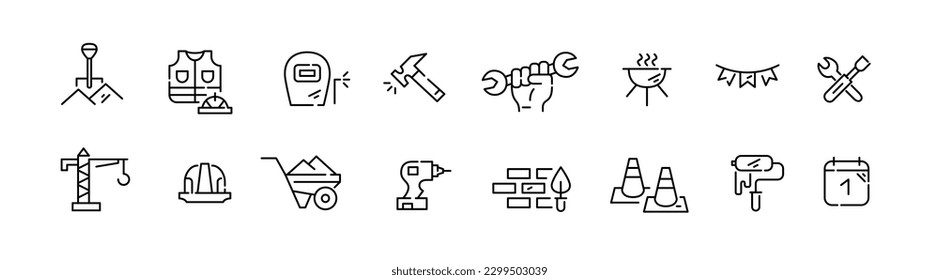 Labor day September 1st symbols. Manual labor and construction workers, holidays. Pixel perfect, editable stroke line icons set