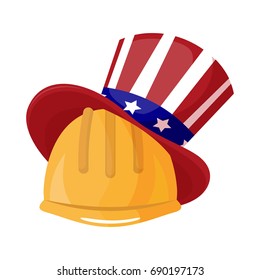 Labor day, September 7, in the United States of America, American design, labor day. Beautiful composition working yellow helmet and hats with the flag of the United States. vector.