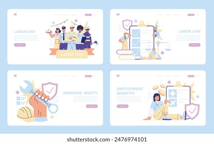 Labor Day set. Celebrations of workers' rights, labor law education, and employment benefits awareness. Four flat design illustrations for web banners. Vector illustration.