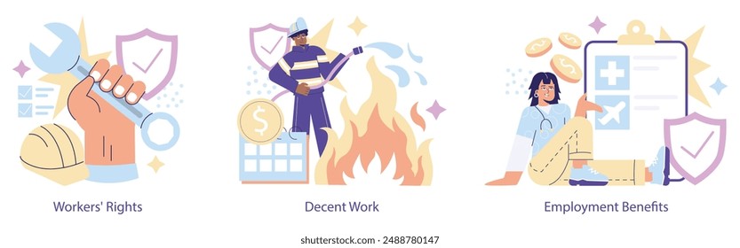 Labor Day set. Illustration of workers rights, fair compensation, and employee benefits. Celebrating hard work and social achievements. Vector illustration.