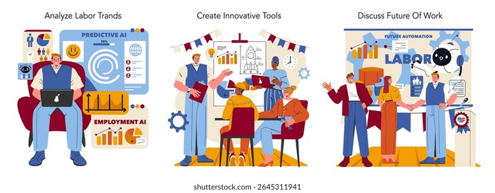 Labor Day set. Professionals in diverse industries engage in activities: analyzing trends, creating tools, and discussing future work environments. Vector illustration.