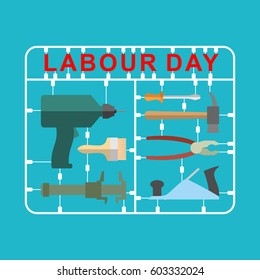 Labor Day is set of tools. Plastic kit with metalwork instrument. Drill and hammer. Screwdriver and brush. Slide caliper and plane