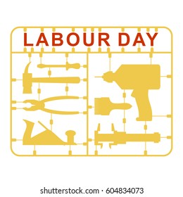 Labor Day is set of tools. Plastic kit with metalwork instrument. Drill and hammer. Screwdriver and brush. Slide caliper and plane