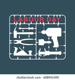 Labor Day is set of tools. Plastic kit with metalwork instrument. Drill and hammer. Screwdriver and brush. Slide caliper and plane