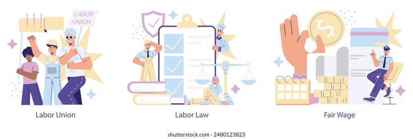 Labor Day set. Workers advocating for rights, legality in employment, and fair payment. Collective bargaining, legal protection, wage equity. Vector illustration.