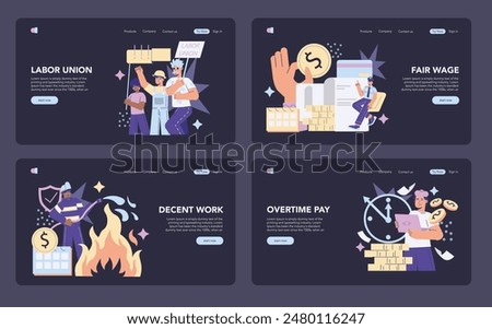 Labor Day set. Workers' rights, fair wage advocacy, and employment benefits. Images show union, fair pay, decent work conditions, overtime compensation. Vector illustration.