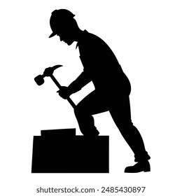 Labor Day silhouette of a worker using a hammer, vector illustration isolated on a white background.