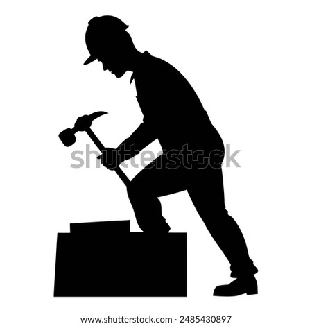 Labor Day silhouette of a worker using a hammer, vector illustration isolated on a white background.