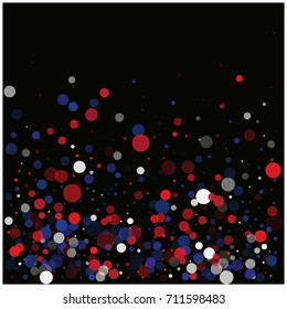 Labor Day square vector background, festive pattern with flying, falling red, blue, white circles in colors of the United States' flag. Independence Day banner or poster with bright bokeh confetti.