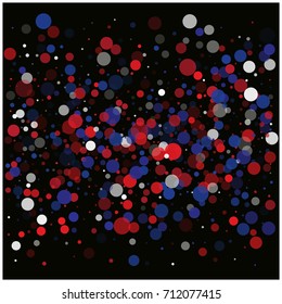 Labor Day square vector background, festive pattern with flying, falling red, blue, white circles in colors of the United States' flag. Independence Day banner or poster with bright bokeh confetti.