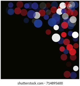 Labor Day square vector background, festive pattern with flying, falling red, blue, white circles in colors of the United States' flag. Independence Day banner or poster with bright bokeh confetti.