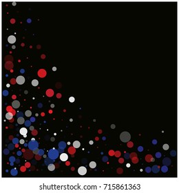 Labor Day square vector background, festive pattern with flying, falling red, blue, white circles in colors of the United States' flag. Independence Day banner or poster with bright bokeh confetti.