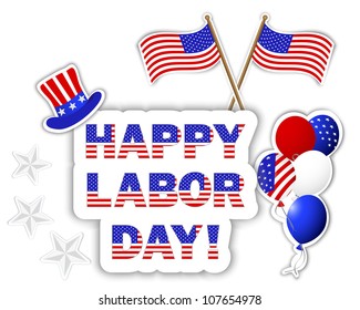 Labor Day stickers with a beautiful text, hat, flags and colorful balloons. 10 EPS. Vector illustration.