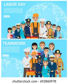 Labor Day and teamwork poster with representatives of most common professions that stand in group on blue background vector illustration.