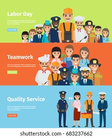 Labor Day, Teamwork and Quality Service Internet page with group of people of different professions vector illustrations.