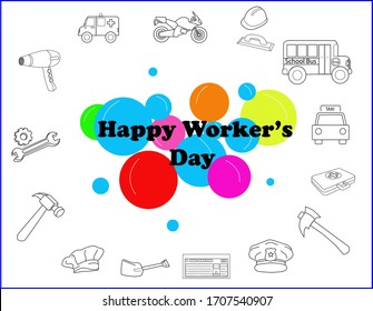 Día del trabajo, texto, feliz día del trabajador en el medio, con círculos de colores detrás, rodeado de figuras representativas de diferentes profesiones y trabajos, en un fondo blanco.