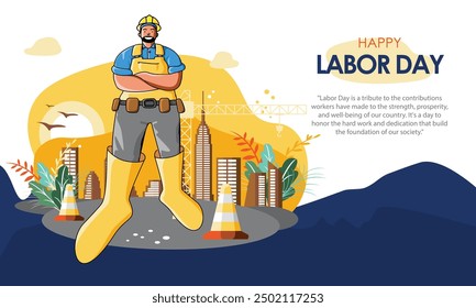 Labor Day that includes an engineer along with elements such as a building, road signs, a tower crane, and plants in the late afternoon,