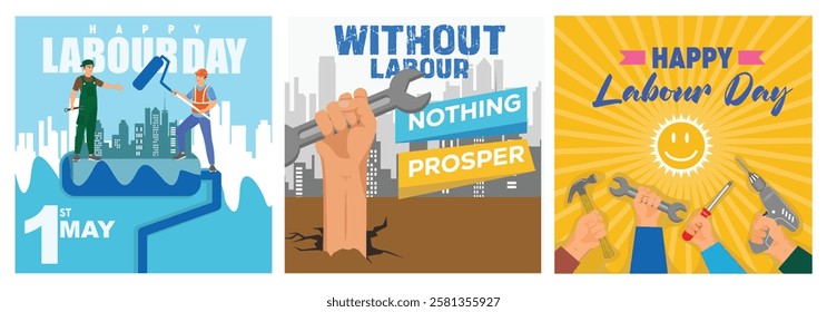 Labor Day themed illustration featuring hands and tools. Emphasizes hard work, perseverance, and appreciation for workers. Labor Day concept. Set flat vector illustration.